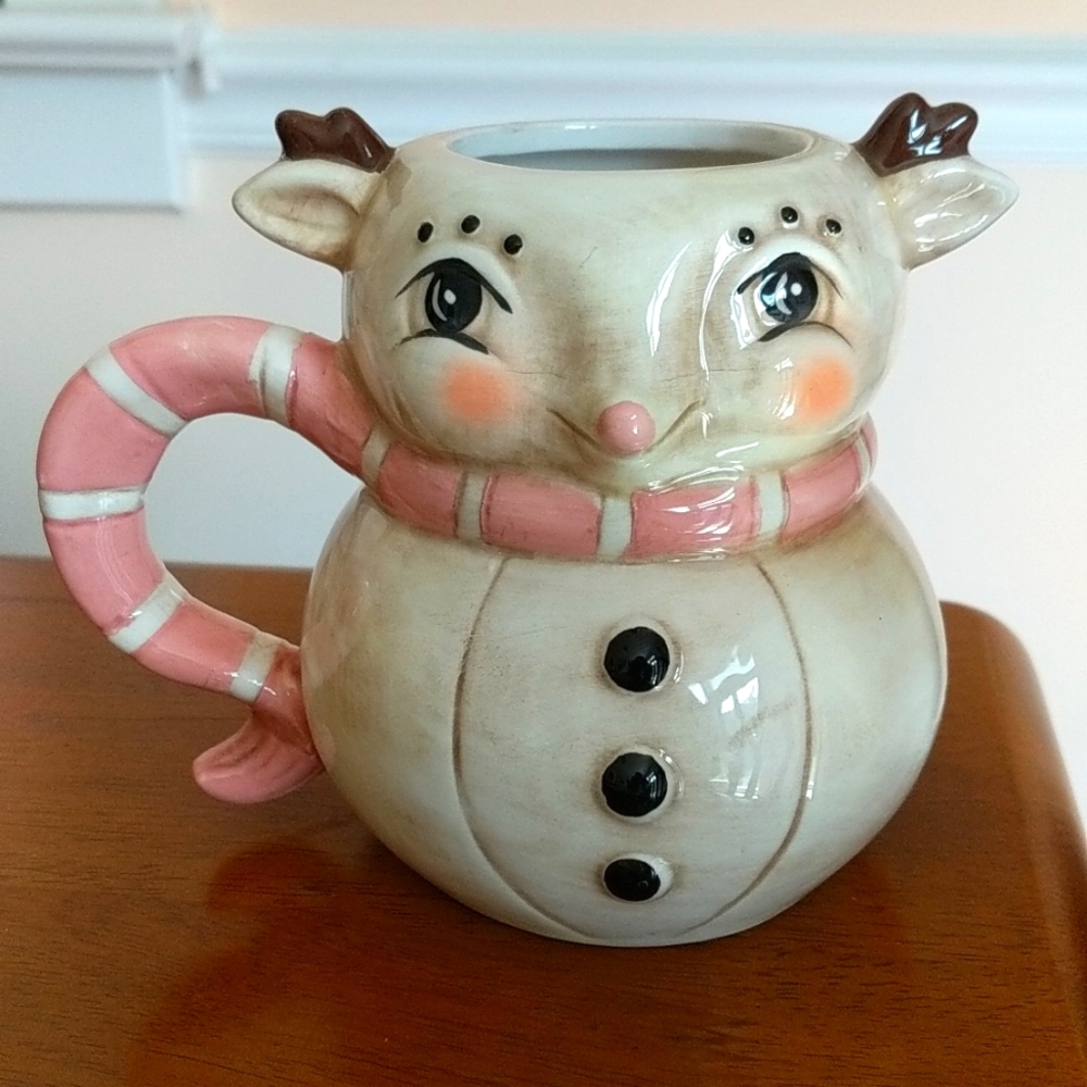 EUC Johanna Parker Pink Reindeer 🦌 Retro Figural Mug Winter Christmas Hoiiday